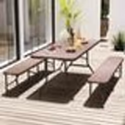 Ensemble de Table et Chaises de Jardin COSTWAY 3 PCS Pliables en HDPE Table 180cm avec 2 Bancs 180cm Verrou Sécurisé Marron