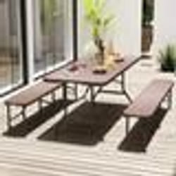 Ensemble de Table et Chaises de Jardin COSTWAY 3 PCS Pliables en HDPE Table 180cm avec 2 Bancs 180cm Verrou Sécurisé Marron