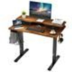 Bureau Assis-Debout Electrique 100x60cm -COSTWAY-2 Tiroirs-Support dEcran - Réglable en 3 Hauteurs Crochets de Suspension Marron