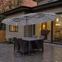 COSTWAY Parasol de Jardin Double avec 48 Lumières Solaires LEDs 12 Nervures 470 x 280 x 246 cm pour Terrasse Cour Gris