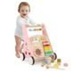 COSTWAY 7 en 1 Chariot de Marche en Bois avec Boîte de Rangement 8 Blocs et 1 Maillet Jouet Montessori 1 an+ Rose