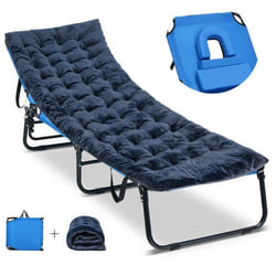 COSTWAY Chaise Longue Pliante avec Matelas de Camping en Velours Appuie-tête Réglable à 5 Positions 194x63x37cm 160kg Bleu