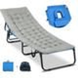 COSTWAY Chaise Longue Pliante avec Matelas de Camping en Velours Appuie-tête Réglable à 5 Positions 194x63x37cm 160kg Bleu+Gris