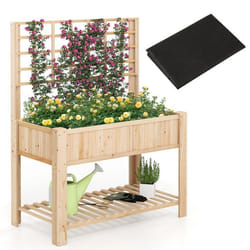 Jardinière Surélevée avec Treillis COSTWAY Bois Sapin Doublure Étagère de Rangement Drainage pour Plantes Grimpantes Naturel