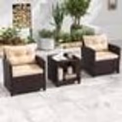 Ensemble Table et Chaises de Jardin 3 Pièces COSTWAY Rotin PE Coussins Plateau en Verre Trempé pour Terrasse Patio Balcon
