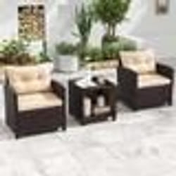 Ensemble Table et Chaises de Jardin 3 Pièces COSTWAY Rotin PE Coussins Plateau en Verre Trempé pour Terrasse Patio Balcon