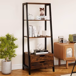 COSTWAY Bibliothèque Échelle Autoportante 134 CM 4 Étagères Ouvertes 2 Tiroirs pour Chambre Salon Bureau Marron rustique Noir
