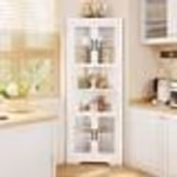 COSTWAY Armoire dangle avec 4 Portes en Verre Trempé Buffet de Cuisine Étagères Réglables pour Cuisine Salle de Bain Blanc