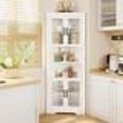 COSTWAY Armoire dangle avec 4 Portes en Verre Trempé Buffet de Cuisine Étagères Réglables pour Cuisine Salle de Bain Blanc