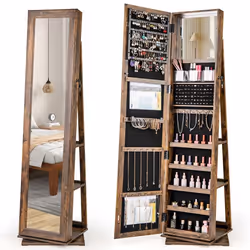 3 en 1 Armoire à Bijoux Pivotante à 360° COSTWAY 2 Miroirs 3 Boîtes de Rangement en Acrylique 2 Poches Zippées Marron Rustiqu ...