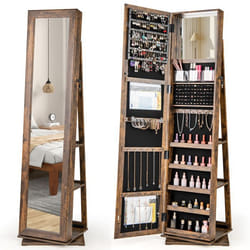 3 en 1 Armoire à Bijoux Pivotante à 360° COSTWAY 2 Miroirs 3 Boîtes de Rangement en Acrylique 2 Poches Zippées Marron Rustique