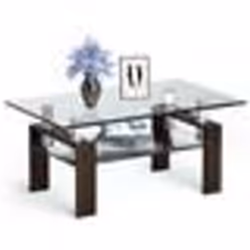 Table Basse Salon à 2 Niveaux COSTWAY Table Rectangulaire avec Etagère Plateau en Verre Trempé Pied en Acier 99x60x445CM Brun