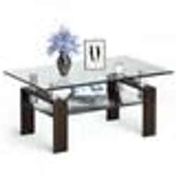 Table Basse Salon à 2 Niveaux COSTWAY Table Rectangulaire avec Etagère Plateau en Verre Trempé Pied en Acier 99x60x445CM Brun