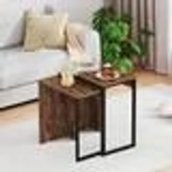 Lot de 2 Tables Basses Salon Gigognes COSTWAY Plateau en Faux Bois Cadres Métalliques Table Rectangulaire pour Bureau Chambre