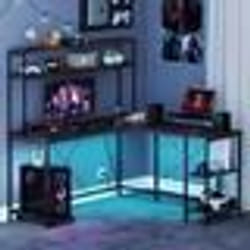 COSTWAY Bureau d’Angle Reversible - Lumières RGB - Prises de Courant - Support pour Écran & CPU - Étagères Rangement Gris