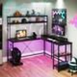 COSTWAY Bureau d’Angle Reversible - Lumières RGB - Prises de Courant - Support pour Écran & CPU - Étagères Rangement Noir