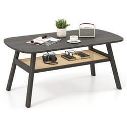 Table Basse Salon à 2 Niveaux COSTWAY Étagère de Rangement en Rotin Pieds en Bois de Caoutchouc Table Rectangulaire pour Bureau