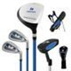 COSTWAY Sac de Golf Trépied pour Enfants Ensemble de Clubs de Golf 5 Pièces avec Support & Protecteur de Pluie 11 à 13 Ans Bleu