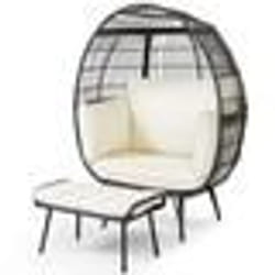COSTWAY Salon de Jardin Extérieur avec Ottoman Chaise Œuf en Rotin PE 2 PCS avec Coussins Repose-Pieds pour Intérieur Extérieur