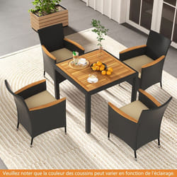 COSTWAY Ensemble 5 Pièces Table et Chaises de Jardin pour 4 Personnes Trou pour Parasol Coussins Assise Plateau en Bois dAcacia