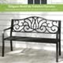 COSTWAY Banc de Jardin Extérieur 121cm en Fonte 2-3 Personnes Dossier à Motif Floral Siège à Lattes Accoudoirs pour Cour Patio