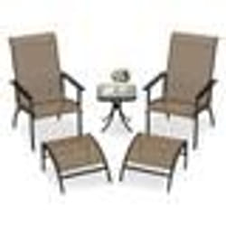 COSTWAY Ensemble 5 PCS Table et Chaises Adirondack de Jardin Chaises de Salon dExtérieur avec Ottomans et Table dAppoint Marron