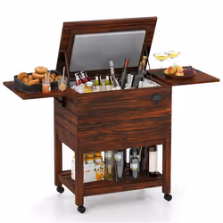 COSTWAY Table à Glacière 51L Roulette en Bois de Sapin et Cyprès COOL BAR Plateau Relevable Isothermique pour BièreVinCocktai ...