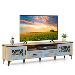 COSTWAY 80 Meuble TV avec 2 Tiroirs 2 Armoires & Compartiment 7 Pieds Métalliques Surélevés 150 x 37 x 44 cm Nature