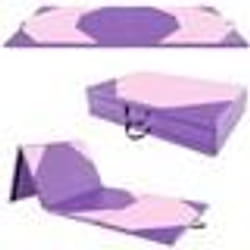 Tapis de Gymnastique Pliable COSTWAY-300 x 117 x 5 cm-4 Plis en Mousse et PU-avec Poignées Attaches Auto-agrippantes-Violet