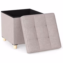 COSTWAY Pouf de Rangement Repose-pied en Lin 535 L - 45 x 45 x 45 cm (L x l x H) Pieds en Hévéa Beige