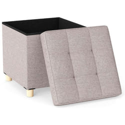 COSTWAY Pouf de Rangement Repose-pied en Lin 535 L - 45 x 45 x 45 cm (L x l x H) Pieds en Hévéa Beige