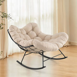 Fauteuil à Bascule dIntérieur/Extérieur - COSTWAY - Surdimensionnée avec Coussin Rembourré - Cadre en Métal - Patio Jardin Beige