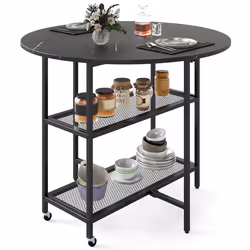 COSTWAY Table à Manger Pliante Mobile pour 2 à 4 Personnes - 2 Compartiments de Rangement et Roulettes Verrouillables Noir