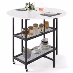 COSTWAY Table à Manger Pliante Mobile pour 2 à 4 Personnes - 2 Compartiments de Rangement et Roulettes Verrouillables Blanc