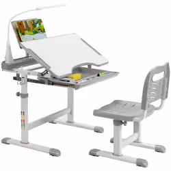 COSTWAY Ensemble Bureau et Chaise pour Enfants avec Éclairage LED Plateau Incliné et Tiroir Coulissant Réglable en Hauteur Gr ...