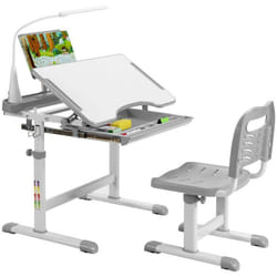 COSTWAY Ensemble Bureau et Chaise pour Enfants avec Éclairage LED Plateau Incliné et Tiroir Coulissant Réglable en Hauteur Gris