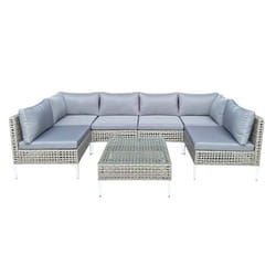 COSTWAY Ensemble 7 Pièces Table et Chaises de Jardin Extérieur avec Coussins Table en Verre Trempé Housses de Coussin Amovibles
