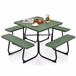 COSTWAY Table de Pique-Nique Ronde avec 4 Bancs Intégrés pour 8 Personnes Trou pour Parasol pour Terrasse Jardin Camping Vert
