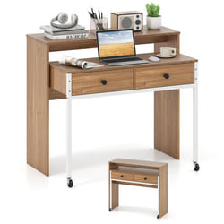 COSTWAY Bureau dOrdinateur Rétractable - 2 Tiroirs et Roulettes - 100 x 63 x 88 cm - Coiffeuse Compacte pour Salon Chambre