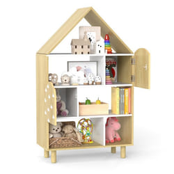 COSTWAY Bibliothèque pour Enfants Étagère en Forme de Maison avec 2 Portes - Système Anti-basculement & Pieds en Bois Massif