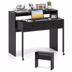 COSTWAY Bureau dOrdinateur Rétractable - 2 Tiroirs et Roulettes - 100 x 63 x 88 cm - Coiffeuse Compacte pour Salon Chambre No ...