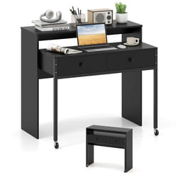 COSTWAY Bureau dOrdinateur Rétractable - 2 Tiroirs et Roulettes - 100 x 63 x 88 cm - Coiffeuse Compacte pour Salon Chambre Noir