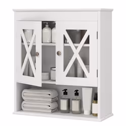 COSTWAY Armoire de Salle de Bain Murale avec 2 Portes en Acrylique Étagère Ajustable et Compartiment Ouvert 20x54x60cm Blanc
