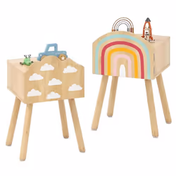 COSTWAY Lot de 2 Table de Chevet Enfant avec Motif Arc-en-Ciel et Nuage Dispositif Anti-basculement 34x30x54 cm Naturel