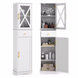 COSTWAY Meuble Colonne de Salle de Bain avec 2 Portes et 1 Tiroir 3 Étagères Réglables Placard à Porte30 x 40 x 168 cm Blanc