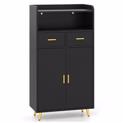 COSTWAY Meuble Salle de Bain avec 2 Tiroirs 2 Portes Compartiment Ouvert Étagère Réglable Pieds en Métal 30x60x100cm Noir