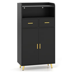 COSTWAY Meuble Salle de Bain avec 2 Tiroirs 2 Portes Compartiment Ouvert Étagère Réglable Pieds en Métal 30x60x100cm Noir