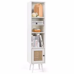 COSTWAY Meuble Colonne de Salle de Bain avec Porte Rotin et Pieds en Bois Massif Étagère Réglable pour Salon Cuisine Blanc