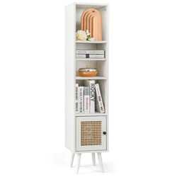 COSTWAY Meuble Colonne de Salle de Bain avec Porte Rotin et Pieds en Bois Massif Étagère Réglable pour Salon Cuisine Blanc