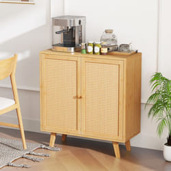 Buffet de Cuisine en Bambou COSTWAY Portes en Rotin PE Meuble Armoire de Bar à Café Compact pour Salon Salle à Manger Naturel